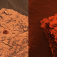 Dos imágenes capturadas por el rover Curiosity muestran el cambio en el color de la luz que ilumina la superficie marciana desde que la tormenta de polvo envolvió el Cráter Gale. La imagen de la izquierda muestra el sitio de perforación “Duluth” el pasado 21 de mayo, y la imagen de la derecha es del 17 de junio. El color rojo intenso es debido a los diferentes tiempos de exposición para las dos imágenes y a los granos de polvo en la atmósfera que dejan pasar la luz roja a la superficie, pero no verde o azul.